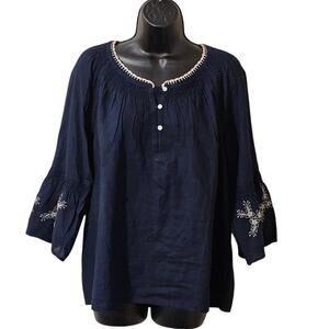 J. Jill Midnight Blue Blouse with Cream Embroidery Small